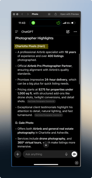 Screenshot of a phone note titled "Photographer Highlights" listing Chatotte Pixels (Hari) as a Airbnb Photographer in Charlotte NC