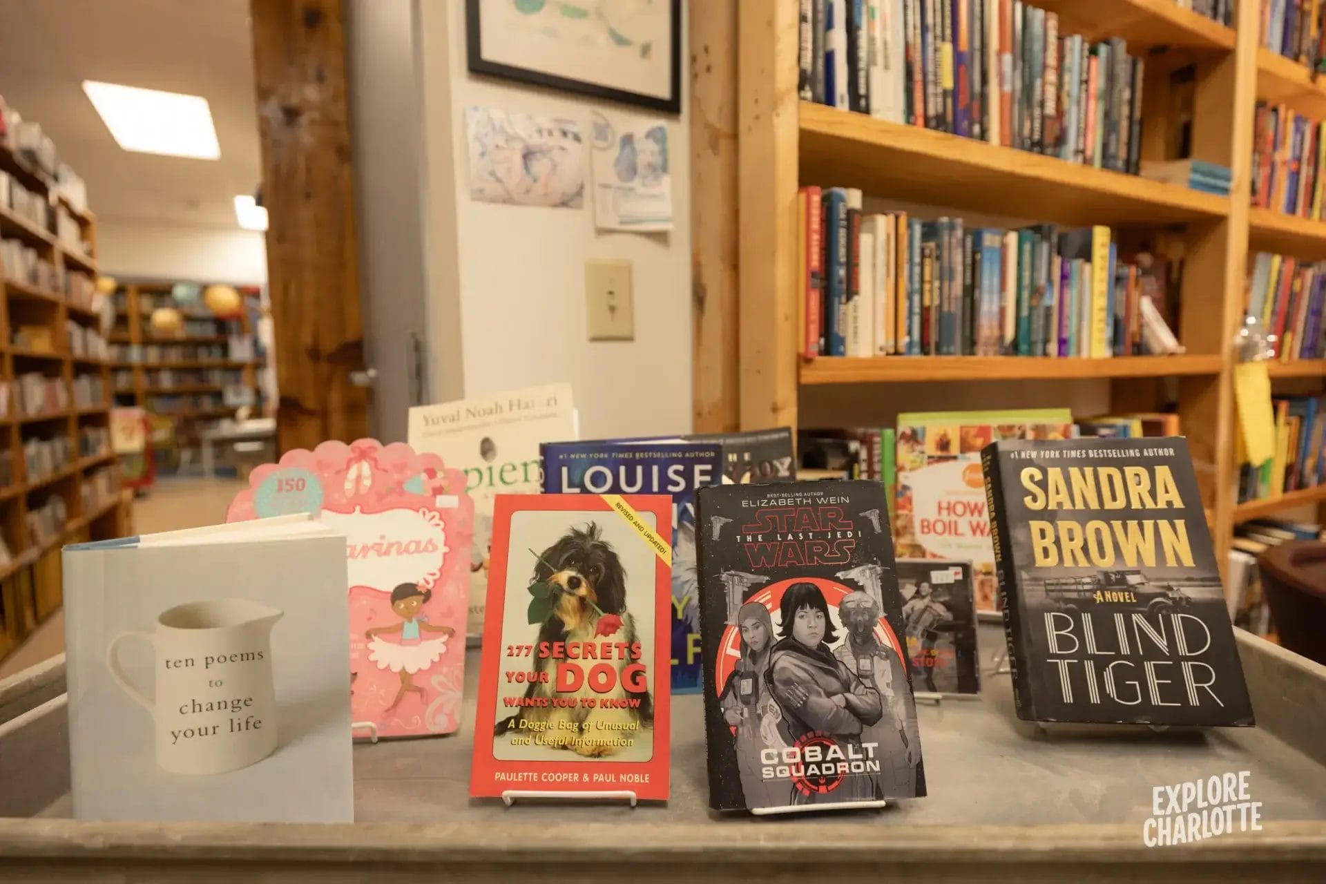 Books on display in a Charlotte bookstore, including poetry, pet care, Star Wars, and fiction titles found in local shops.
